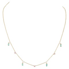 Baguette Emerald Round 14K (or 18k request) Yellow Gold Ruby Charms Necklace