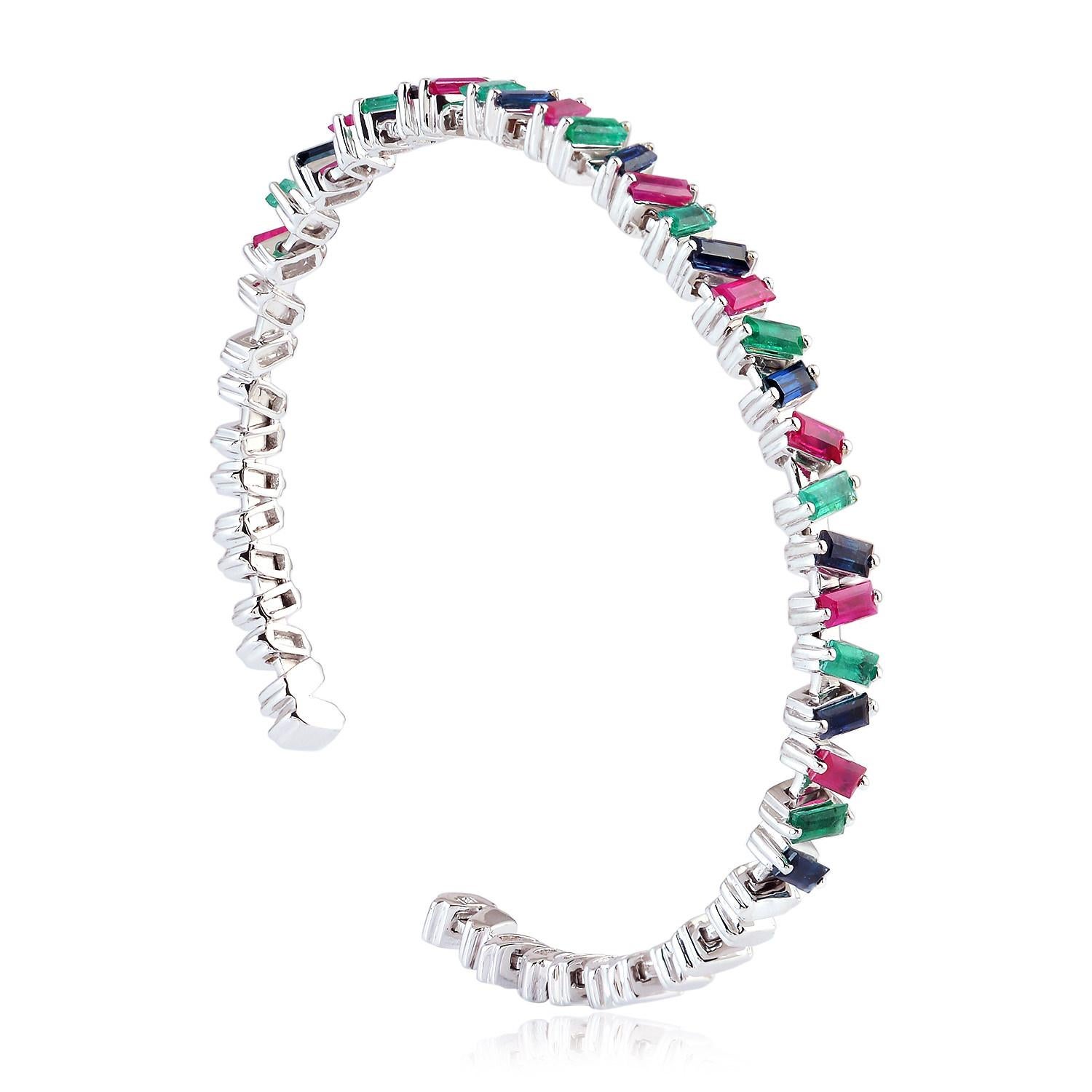 Baguette Cut Baguette Emerald Ruby Sapphire 18 Karat Gold Bangle Bracelet For Sale