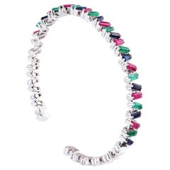 Baguette Emerald Ruby Sapphire 18 Karat Gold Bangle Bracelet