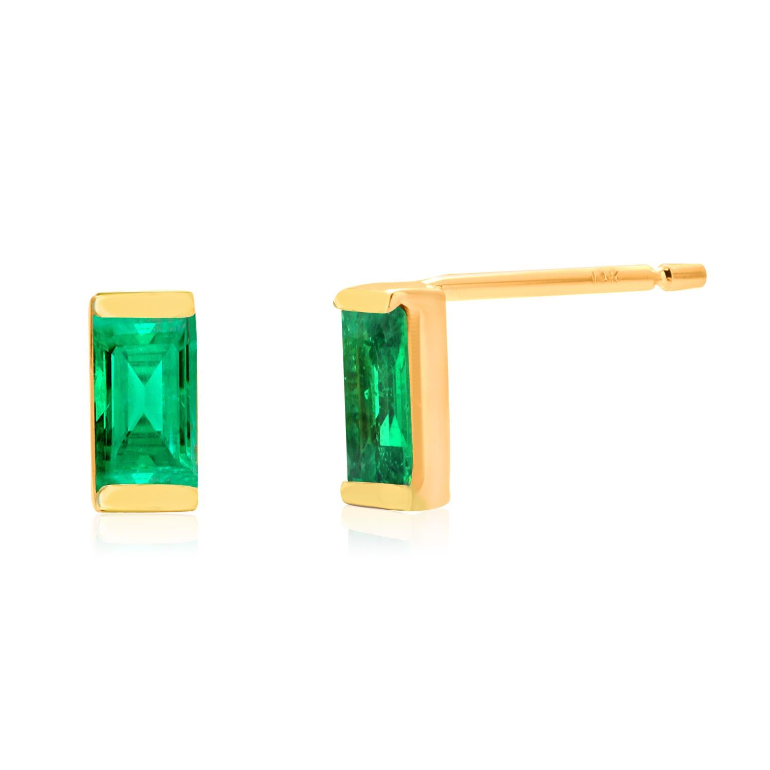 Baguette Emerald 0.20 Carat 14 Karat Yellow Gold 0.15 Inch Mini Stud Earrings  4