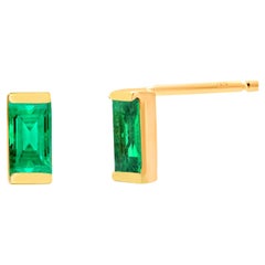 Baguette Emerald Yellow Gold Mini Stud Earrings Second or Third Hole