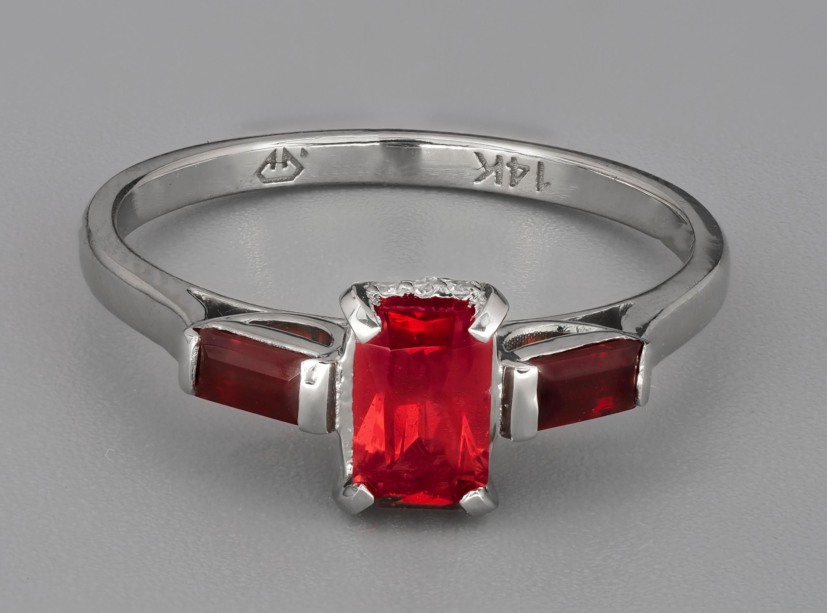 Baguette Garnet 14k gold Ring. 
January Birthstone Ring. Dainty Garnet Ring. Garnet statement ring. Garnet ring for woman.

Metal: 14k gold
Weight: 2.12 g. depends from size.

Set with garnet, color - red
Emerald cut, approx 0.70 ct in total (6 x 4