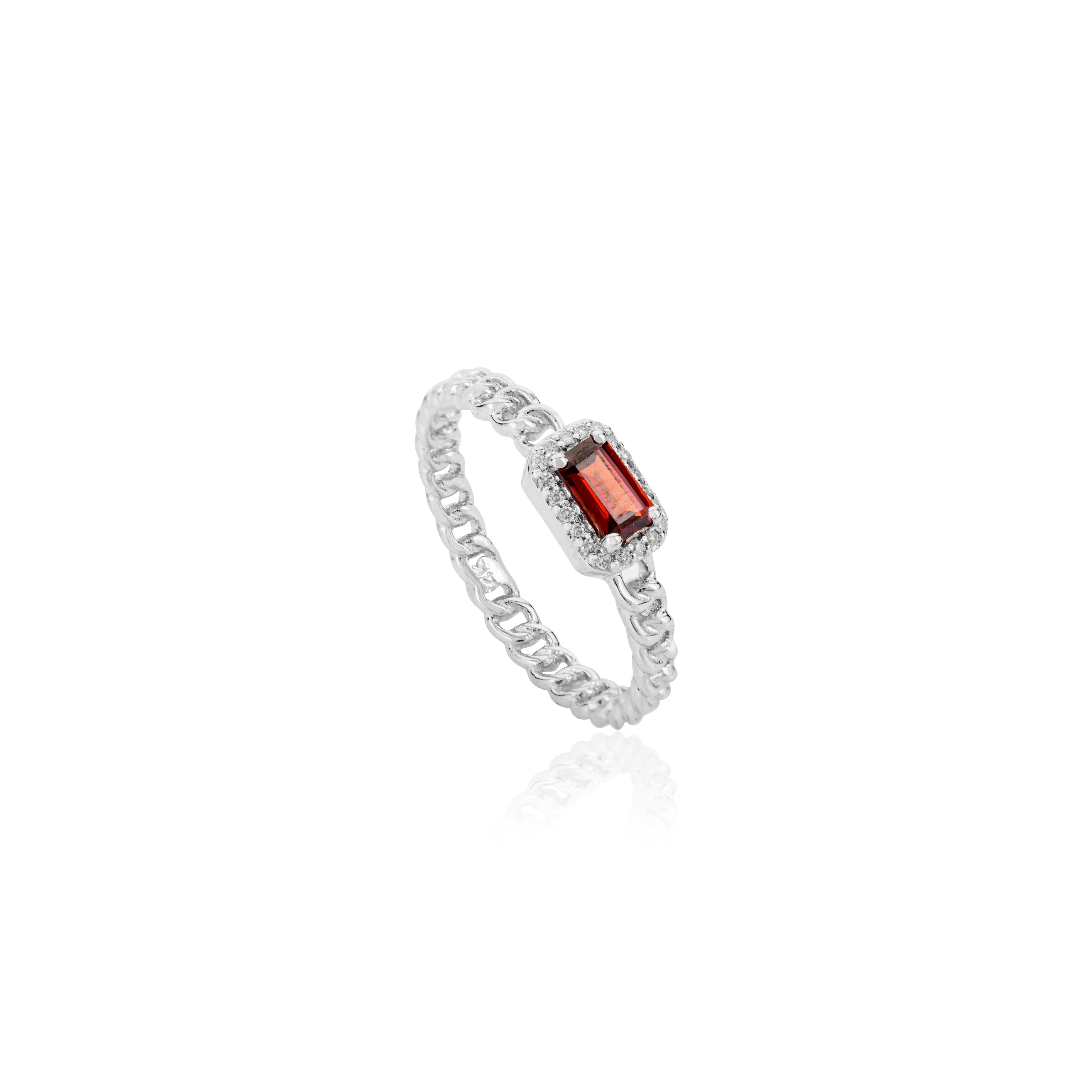 For Sale:  Baguette Garnet with Halo Diamonds Engagement Ring in 14k Solid White Gold 2