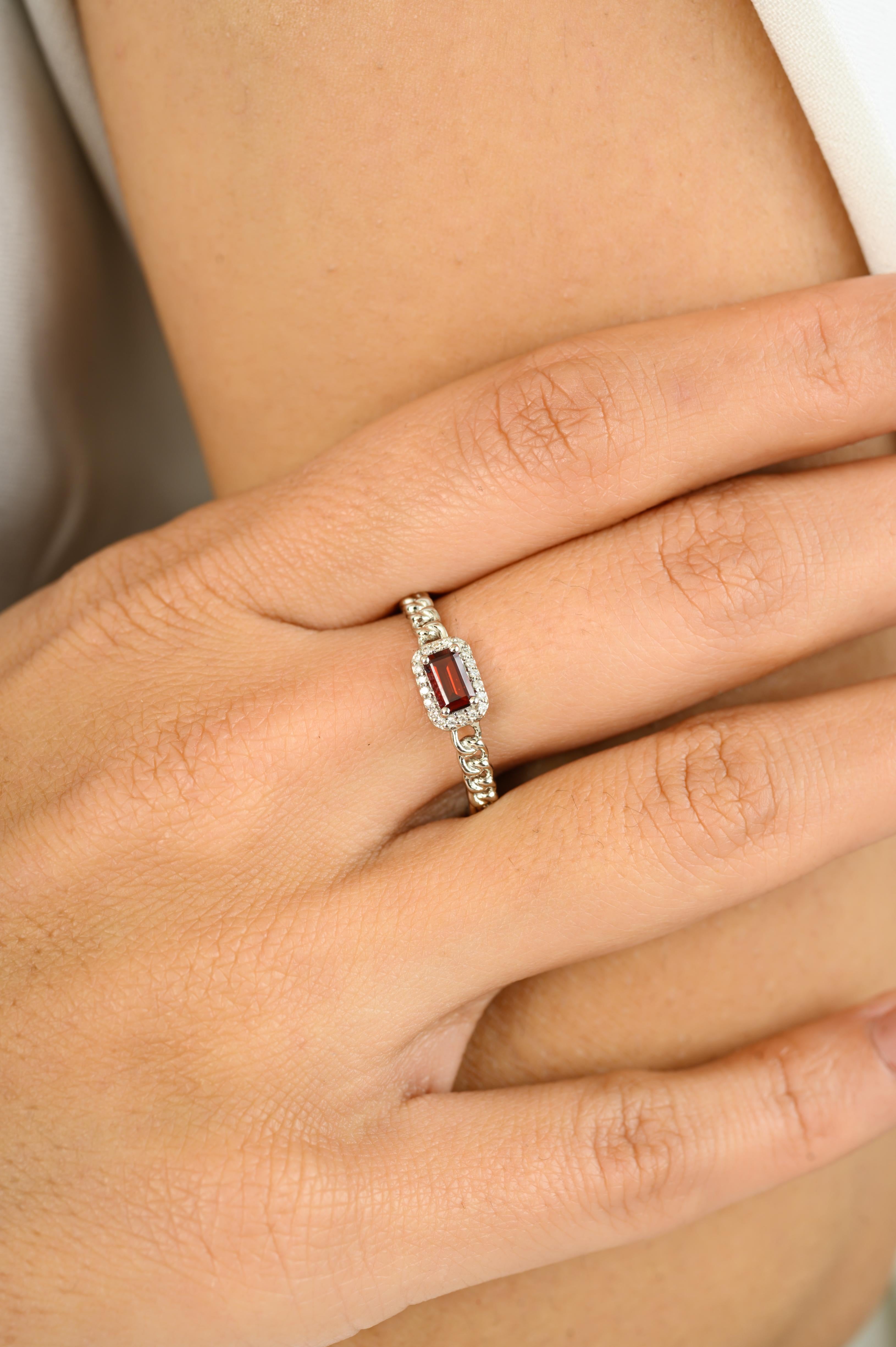 For Sale:  Baguette Garnet with Halo Diamonds Engagement Ring in 14k Solid White Gold 3