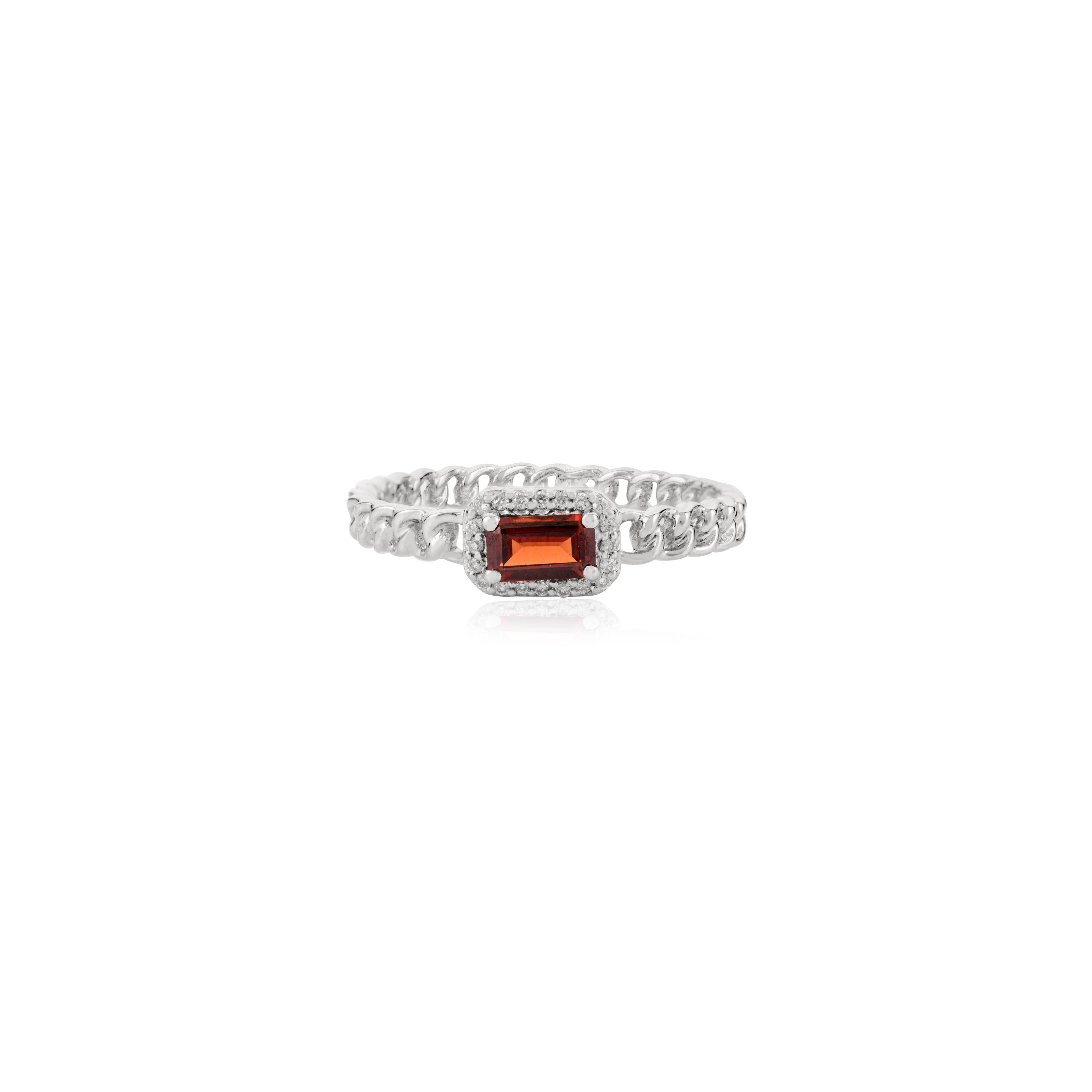 For Sale:  Baguette Garnet with Halo Diamonds Engagement Ring in 14k Solid White Gold 4