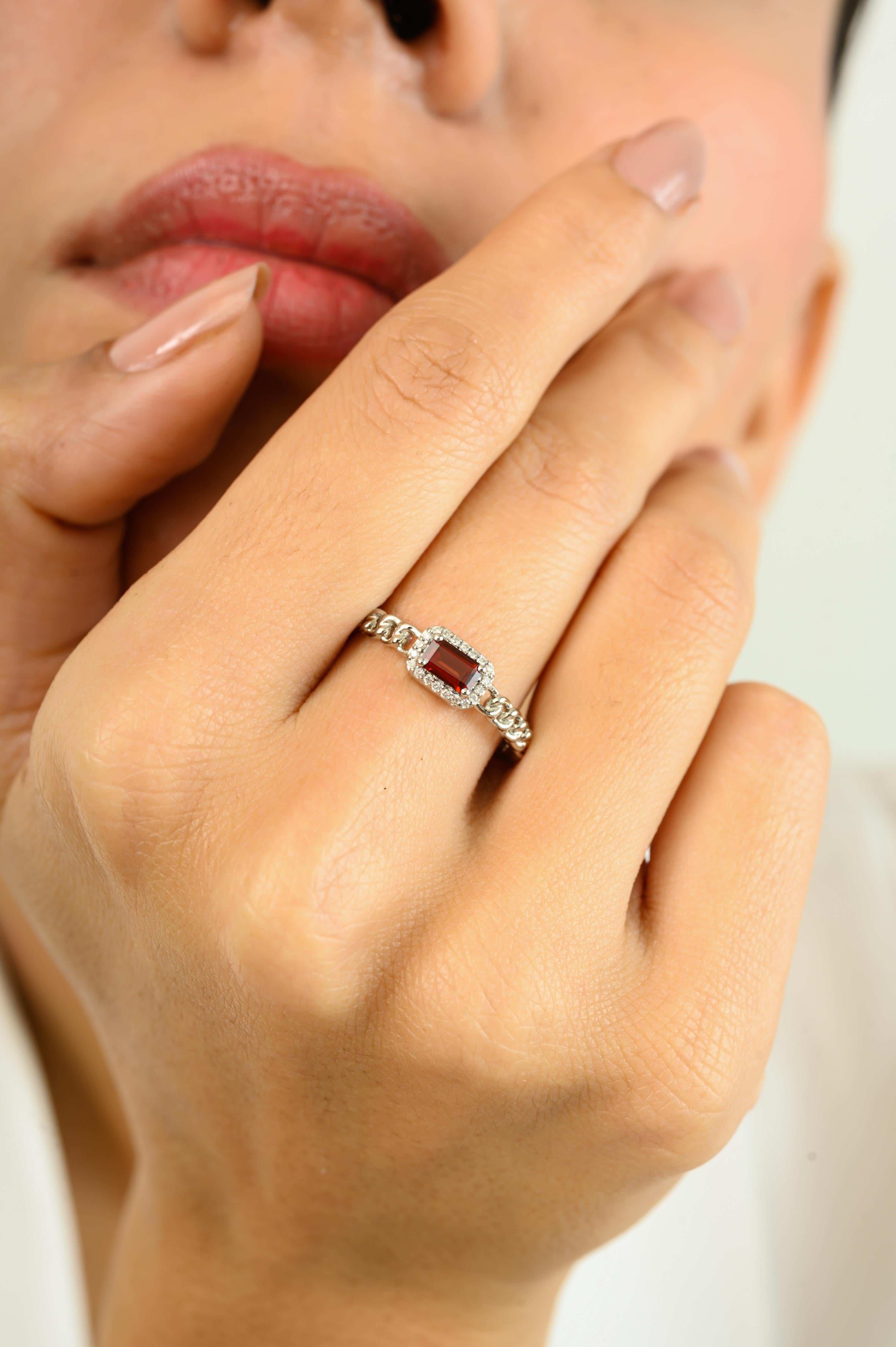 For Sale:  Baguette Garnet with Halo Diamonds Engagement Ring in 14k Solid White Gold 5