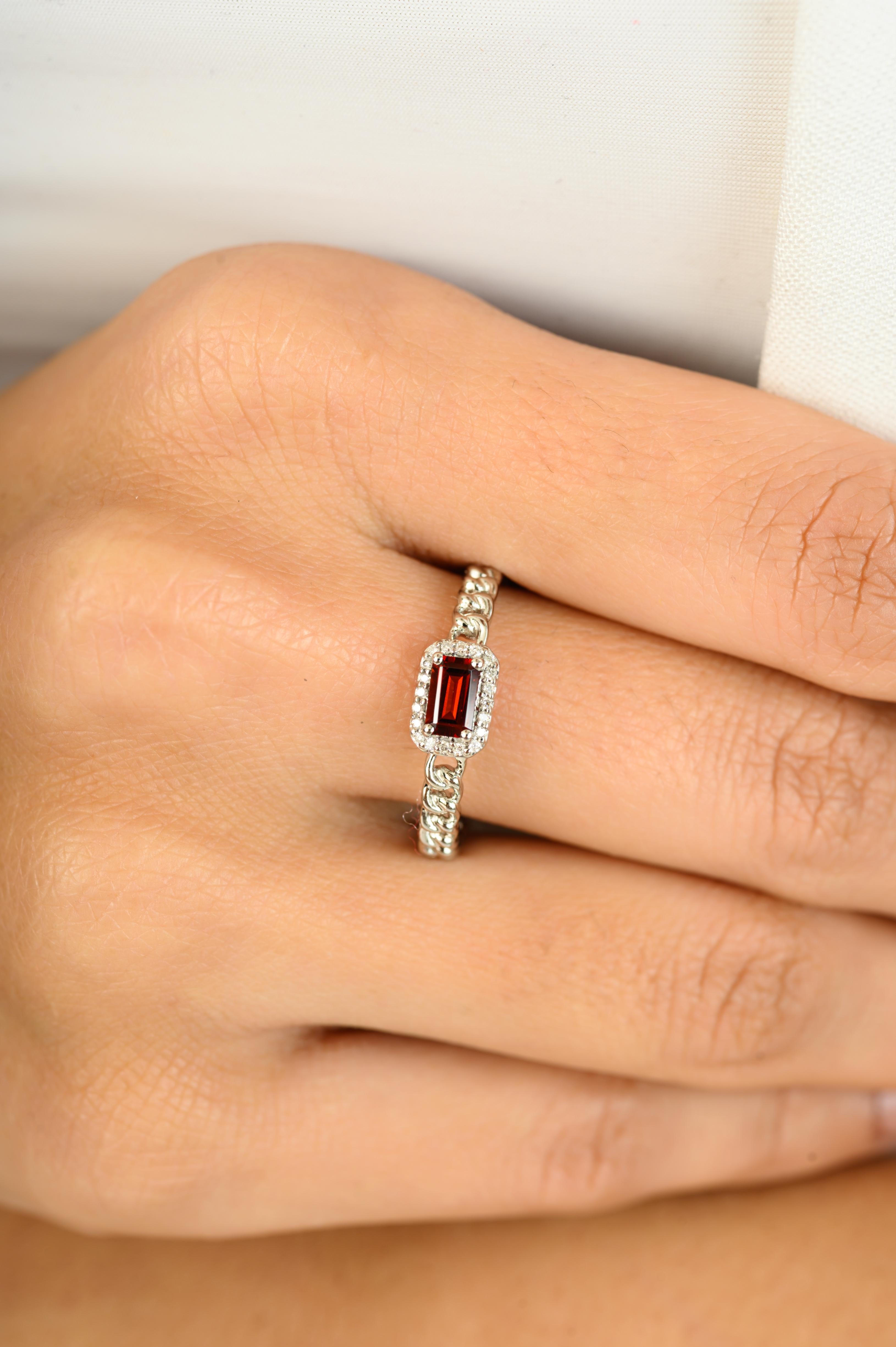 For Sale:  Baguette Garnet with Halo Diamonds Engagement Ring in 14k Solid White Gold 6