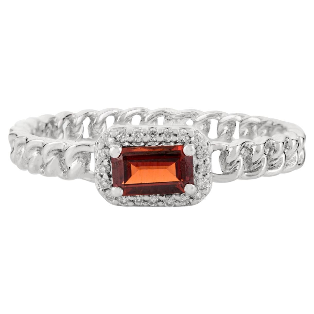Baguette Garnet with Halo Diamonds Engagement Ring in 14k Solid White Gold