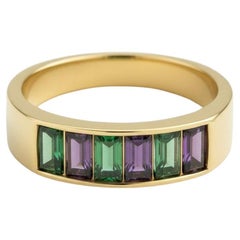 Baguette green and purple gems 14k gold half eternity ring