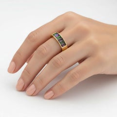 Baguette green and purple gems half eternity silver, gold ring
