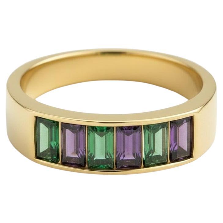 Baguette green and purple gems half eternity silver, gold ring