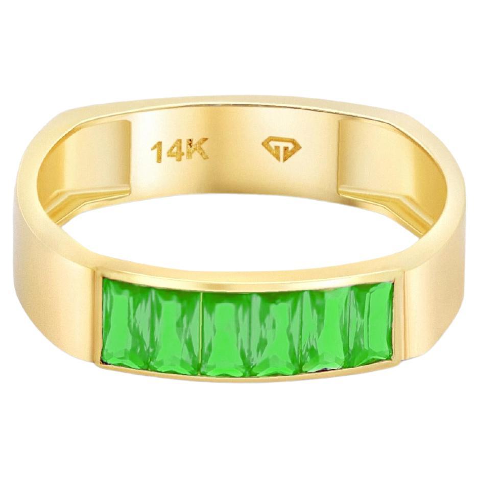Baguette green gemstones 14k gold half eternity ring