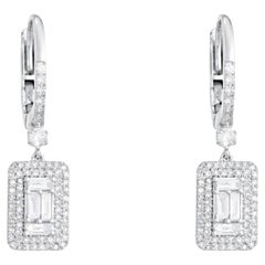 Baguette Halo Diamond 14K (or 18k upon request) White Gold Drop Huggie Earrings
