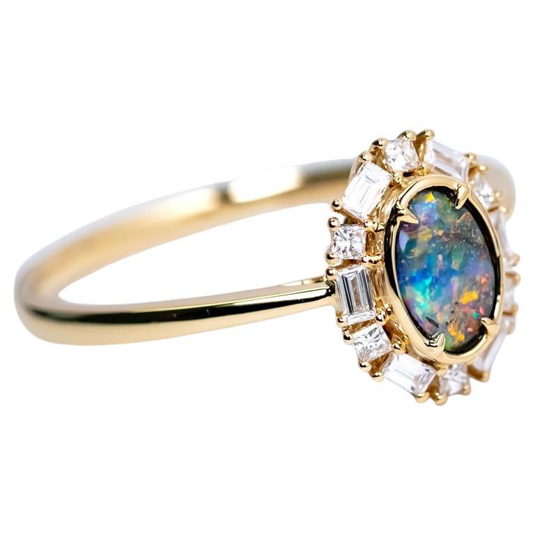 Baguette Halo Diamond Australian Boulder Opal Engagement Ring 18K Yellow Gold