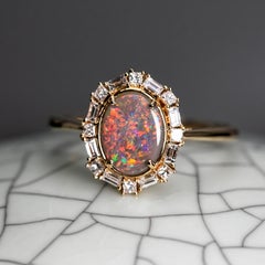 Baguette Halo Diamond Black Opal Engagement Ring 14K Yellow Gold