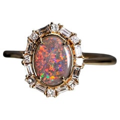 Baguette Halo Diamond Black Opal Engagement Ring 14K Yellow Gold