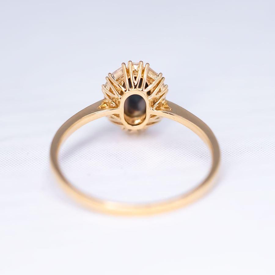 Femenino o masculino Baguette Halo Diamante Ópalo Negro Anillo de Compromiso Oro Amarillo 18K en venta