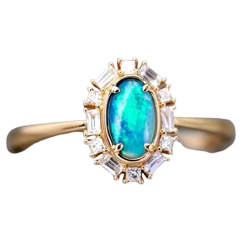 Baguette Halo Diamante Ópalo Negro Anillo de Compromiso Oro Amarillo 18K en venta