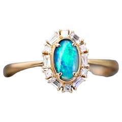 Baguette Halo Diamond Black Opal Engagement Ring 18K Yellow Gold
