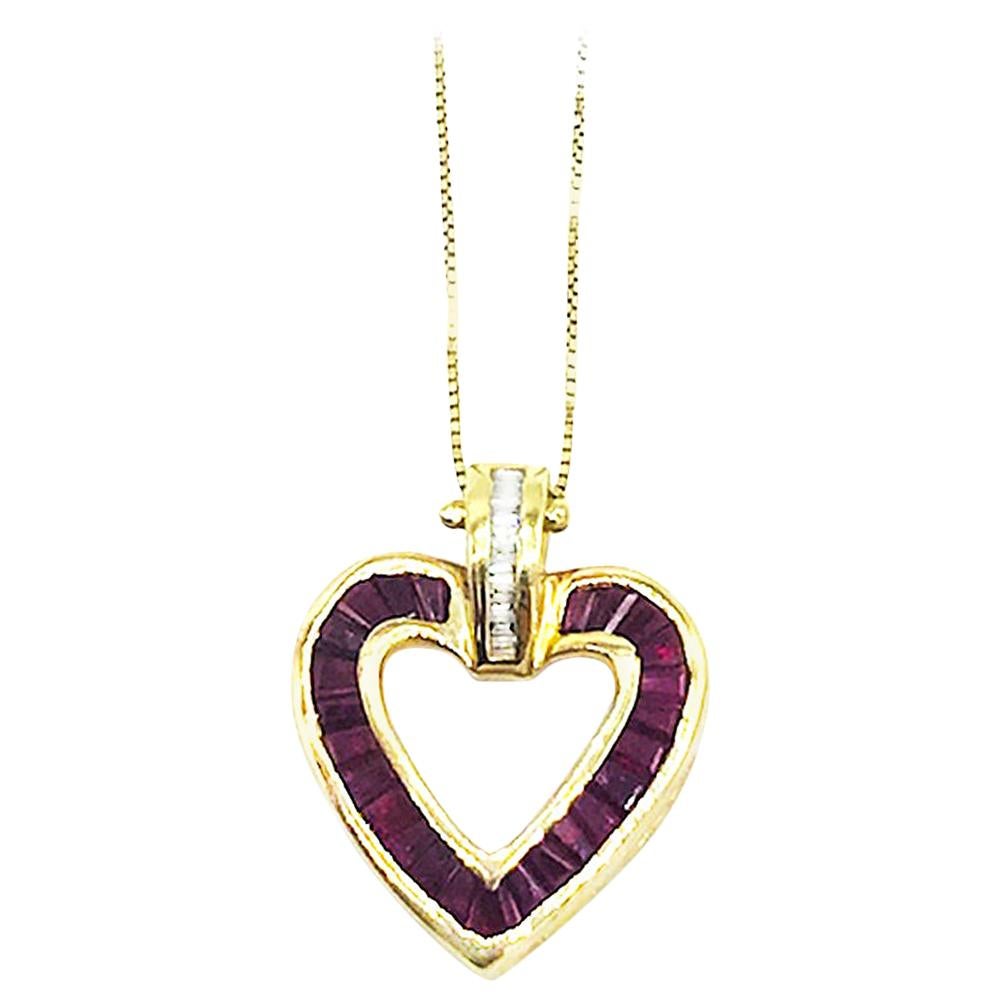 Baguette, Heart with Diamonds, Pigeon Blood Rubies, 14 Karat Yellow Gold