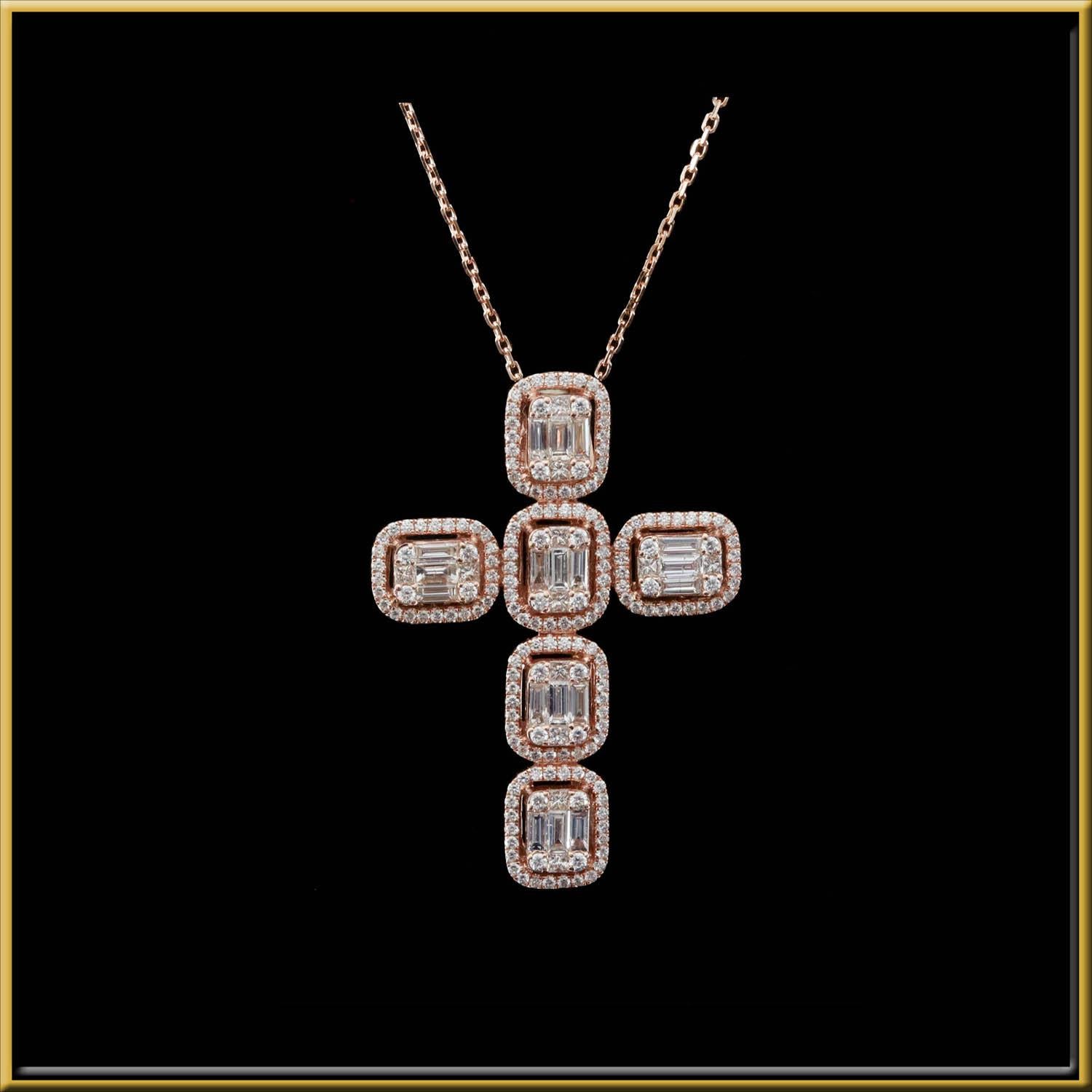 Modern Baguette Illusion Diamond Cross Necklace Available in 3 Colors, in 18 Karat Gold For Sale