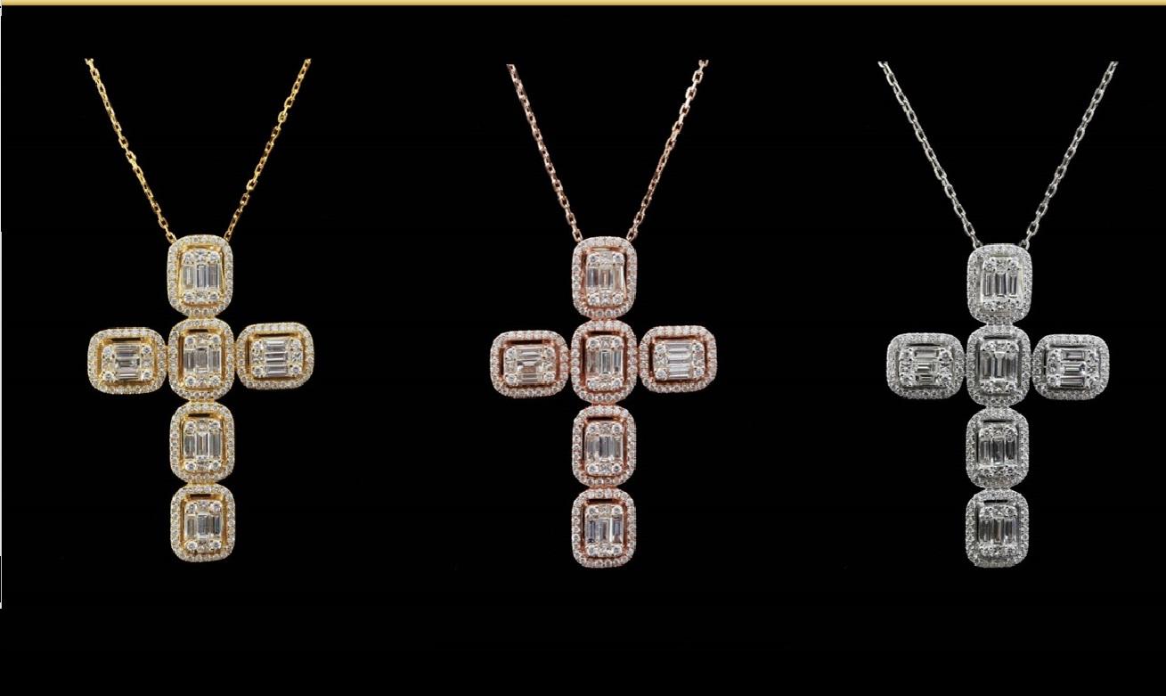 Baguette Cut Baguette Illusion Diamond Cross Necklace Available in 3 Colors, in 18 Karat Gold For Sale