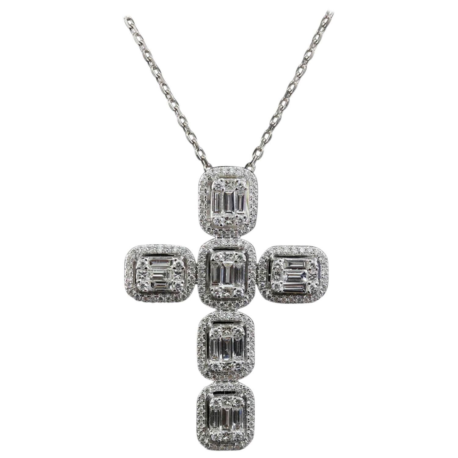 Baguette Illusion Diamond Cross Necklace Available in 3 Colors, in 18 Karat Gold For Sale