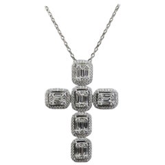 Baguette Illusion Diamond Cross Necklace Available in 3 Colors, in 18 Karat Gold