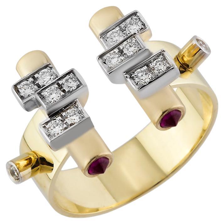 For Sale:  Baguette Jewellery 14K Yellow Gold Alessa Ring with Diamonds and Ruby Cabochon