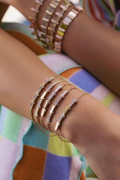 Baguette Jewellery 14K Rose Gold Bar Bracelet with Diamonds and Ruby Cabochon