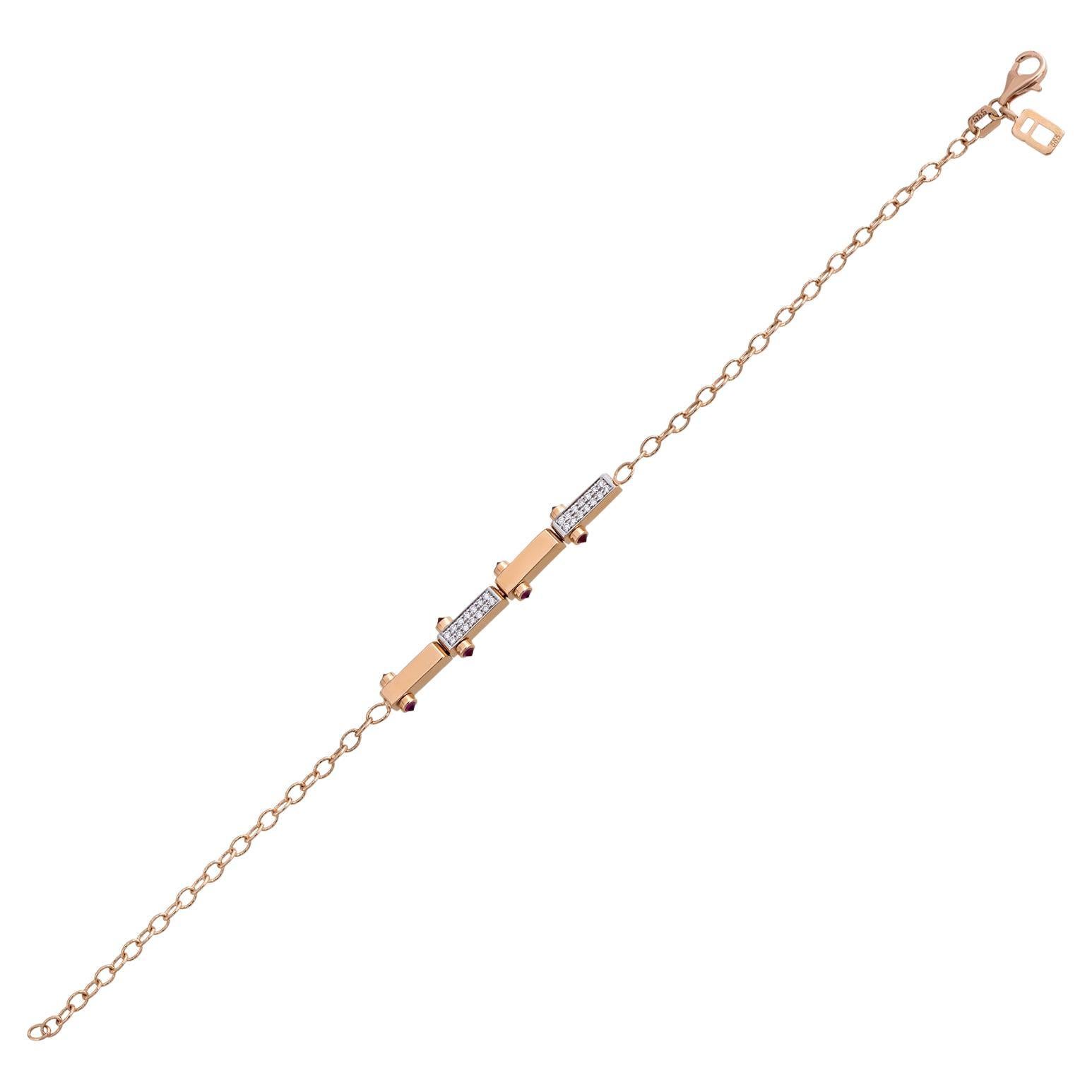 Baguette Jewellery 14K Rose Gold Bar Bracelet with Diamonds and Ruby Cabochon For Sale