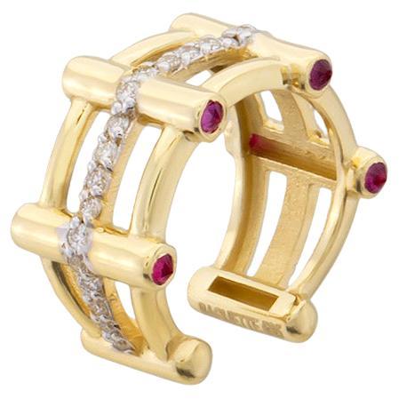 Boucle de manchette baguette en or jaune 14 carats avec diamants et cabochon de rubis