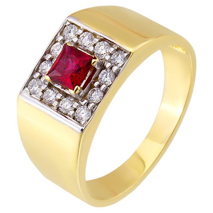 For Sale:  Baguette Jewellery 14K Yellow Gold Pinky Ring with Diamonds and Ruby