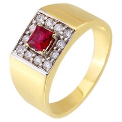 Baguette Jewellery 14K Yellow Gold Pinky Ring with Diamonds and Ruby