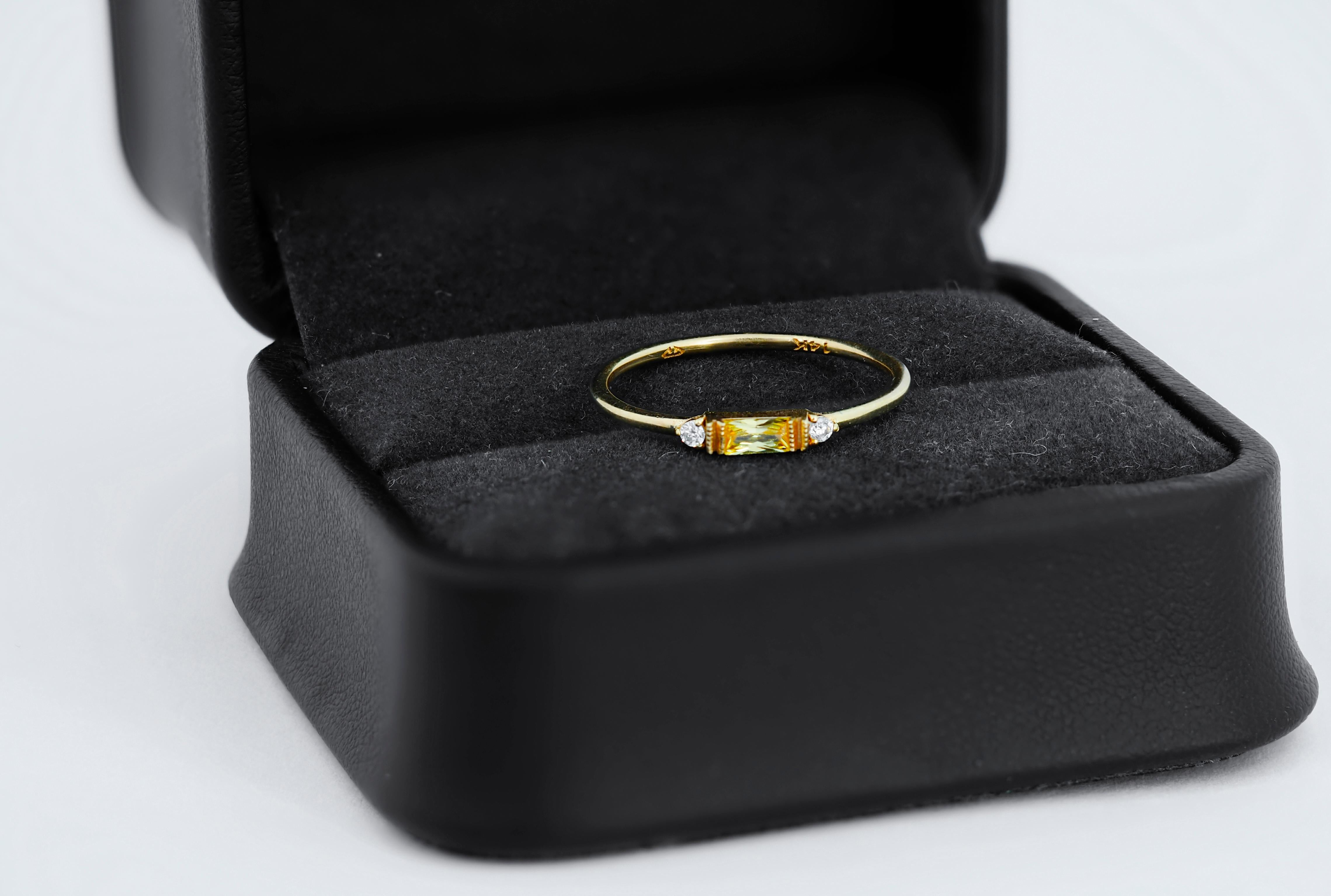 Baguette Lab Sapphire 14k gold Ring  In New Condition For Sale In Istanbul, TR