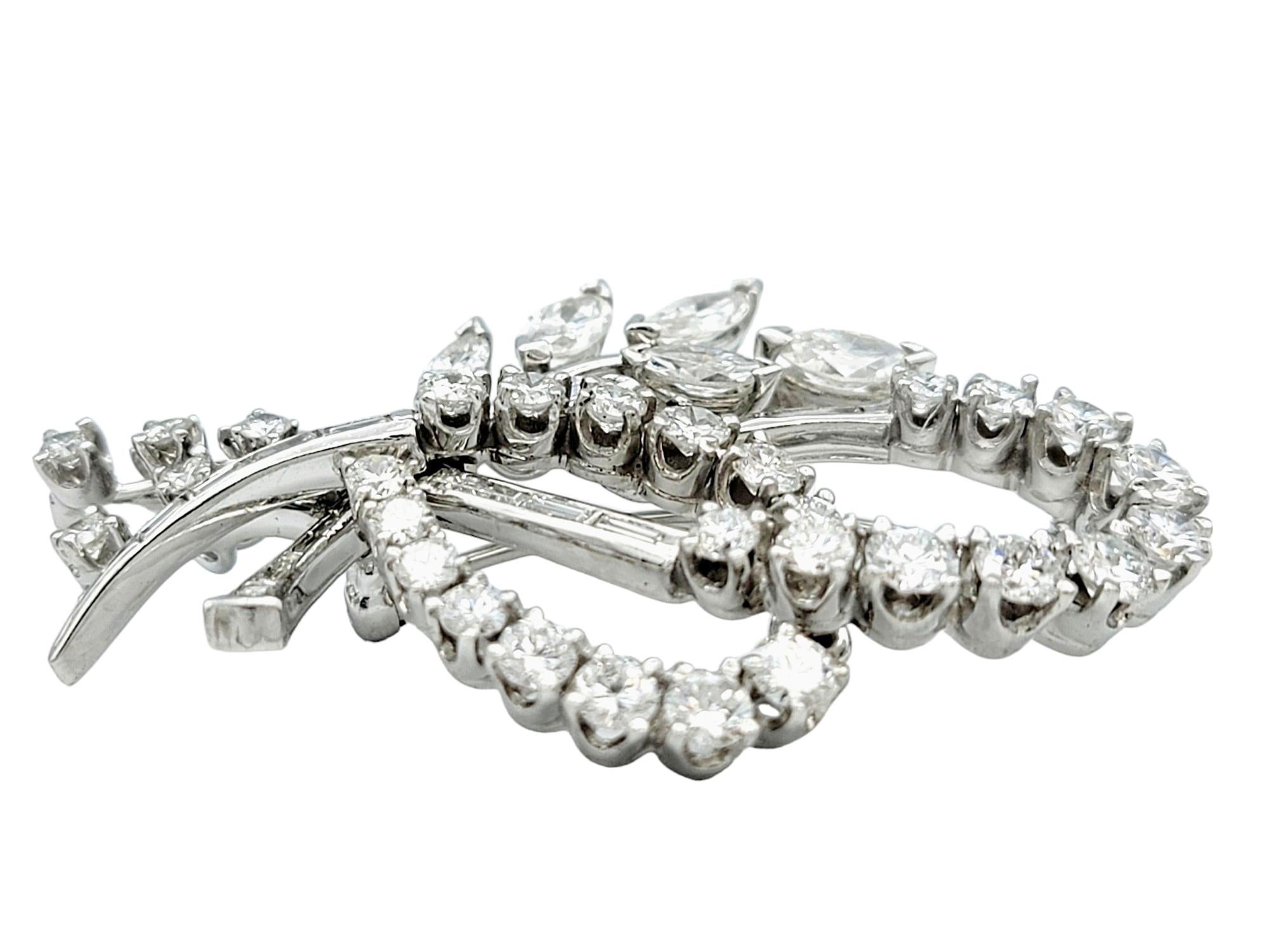 Contemporary Baguette, Marquise and Round Diamond Leaf Design Brooch / Pendant in Platinum For Sale