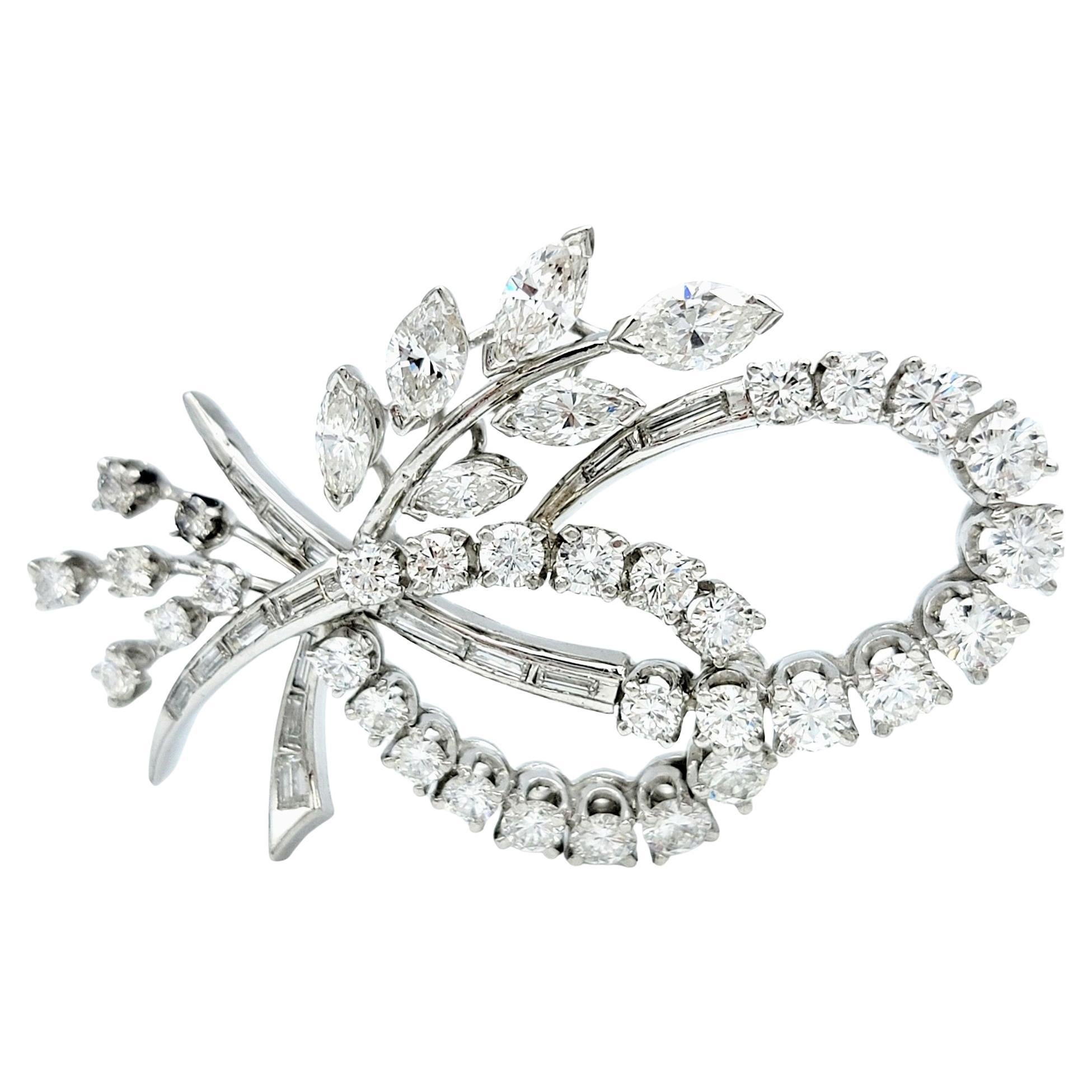 Baguette, Marquise and Round Diamond Leaf Design Brooch / Pendant in Platinum For Sale