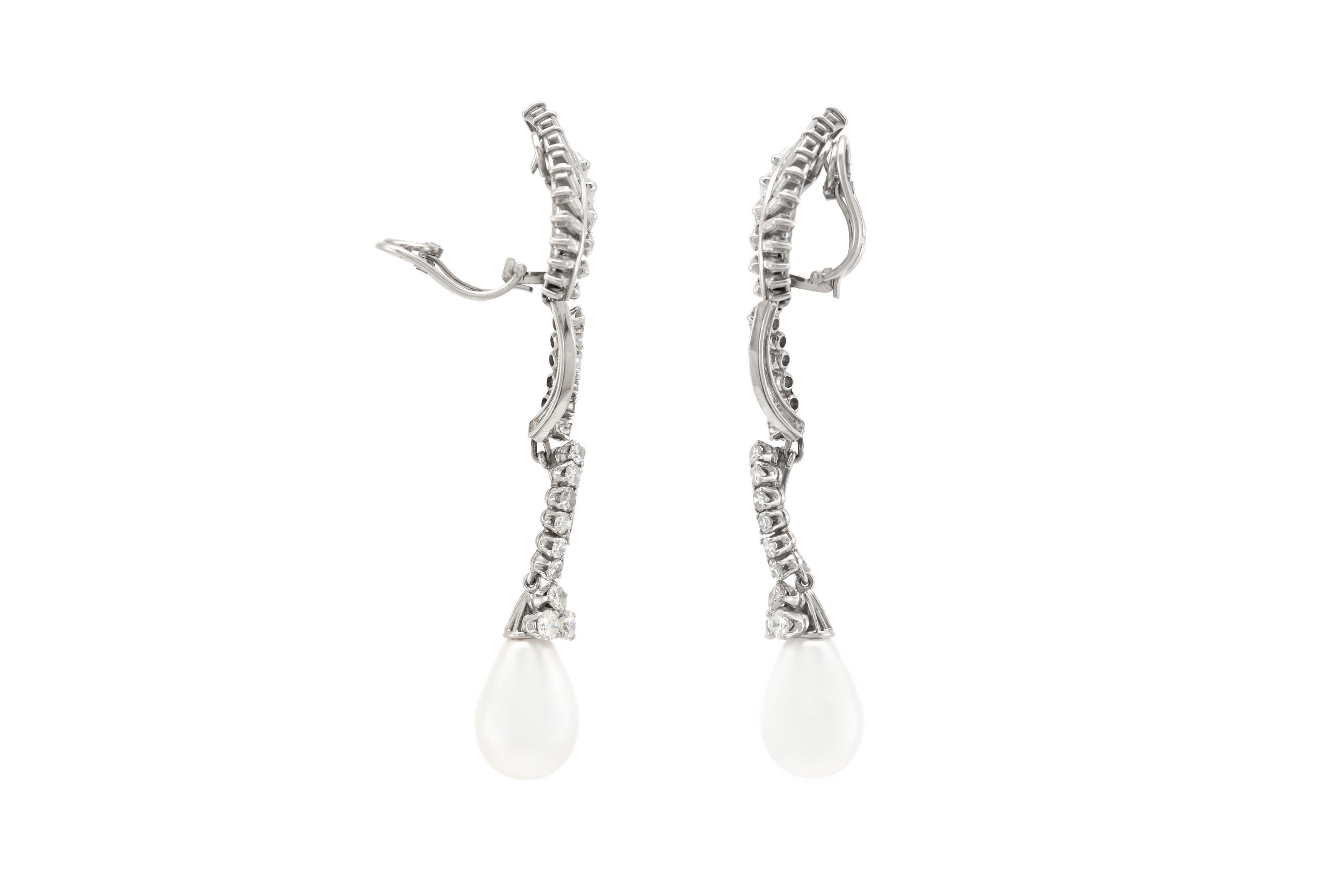 Baguette Cut 8.00 Carat Diamond and Pearl Drop Earrings For Sale