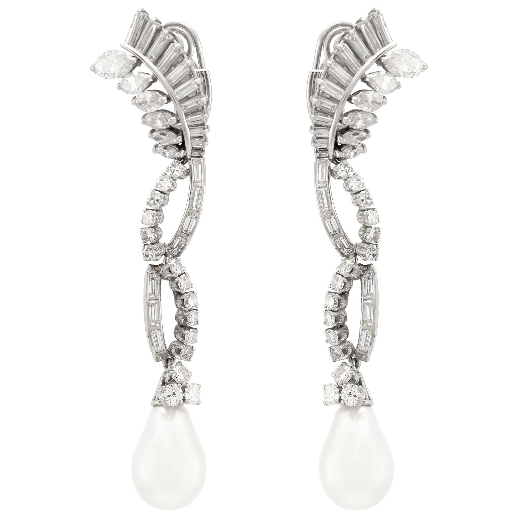 8.00 Carat Diamond and Pearl Drop Earrings For Sale