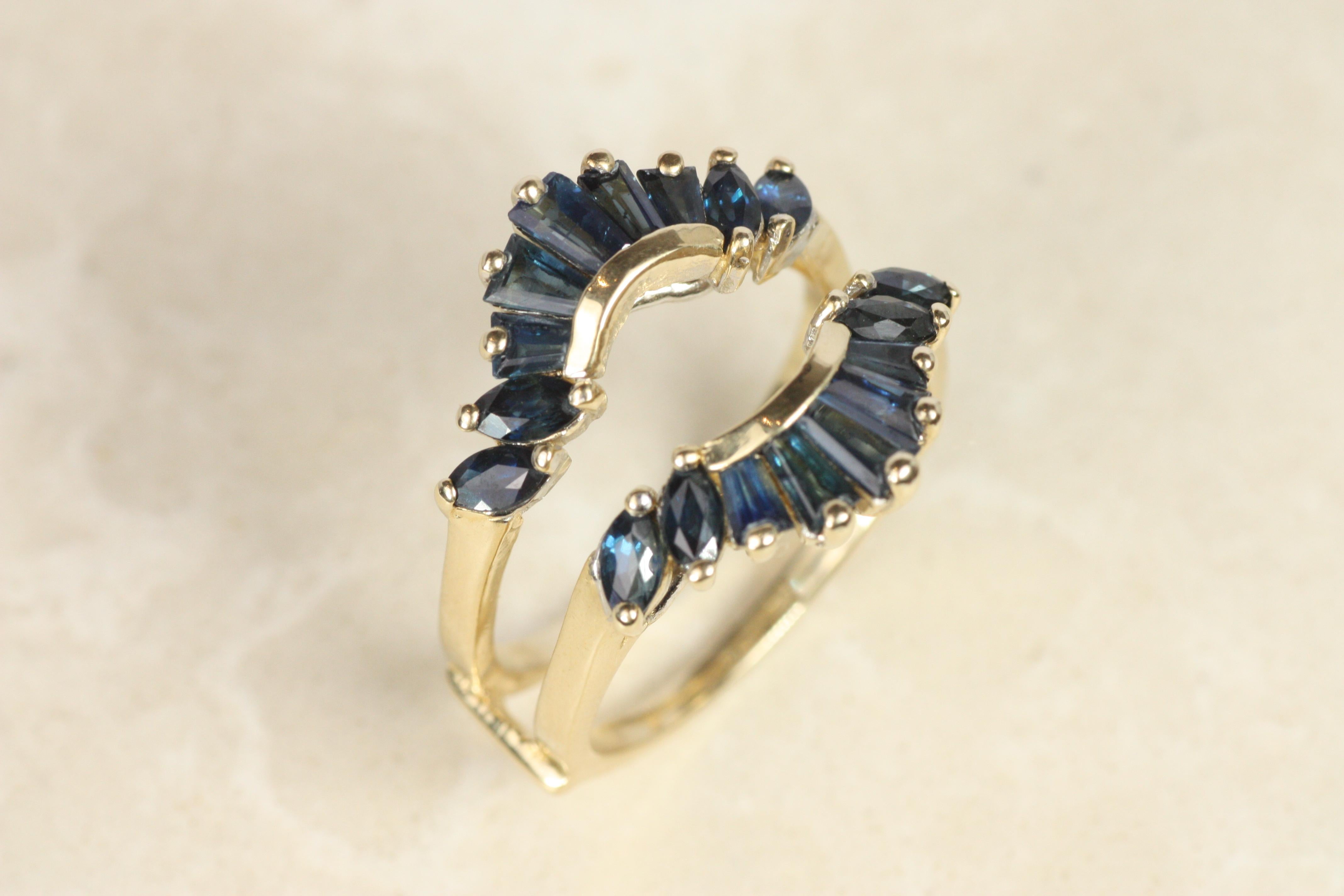 Baguette & Marquise saphir bleu bague de mariage en or jaune 14K Pour femmes en vente