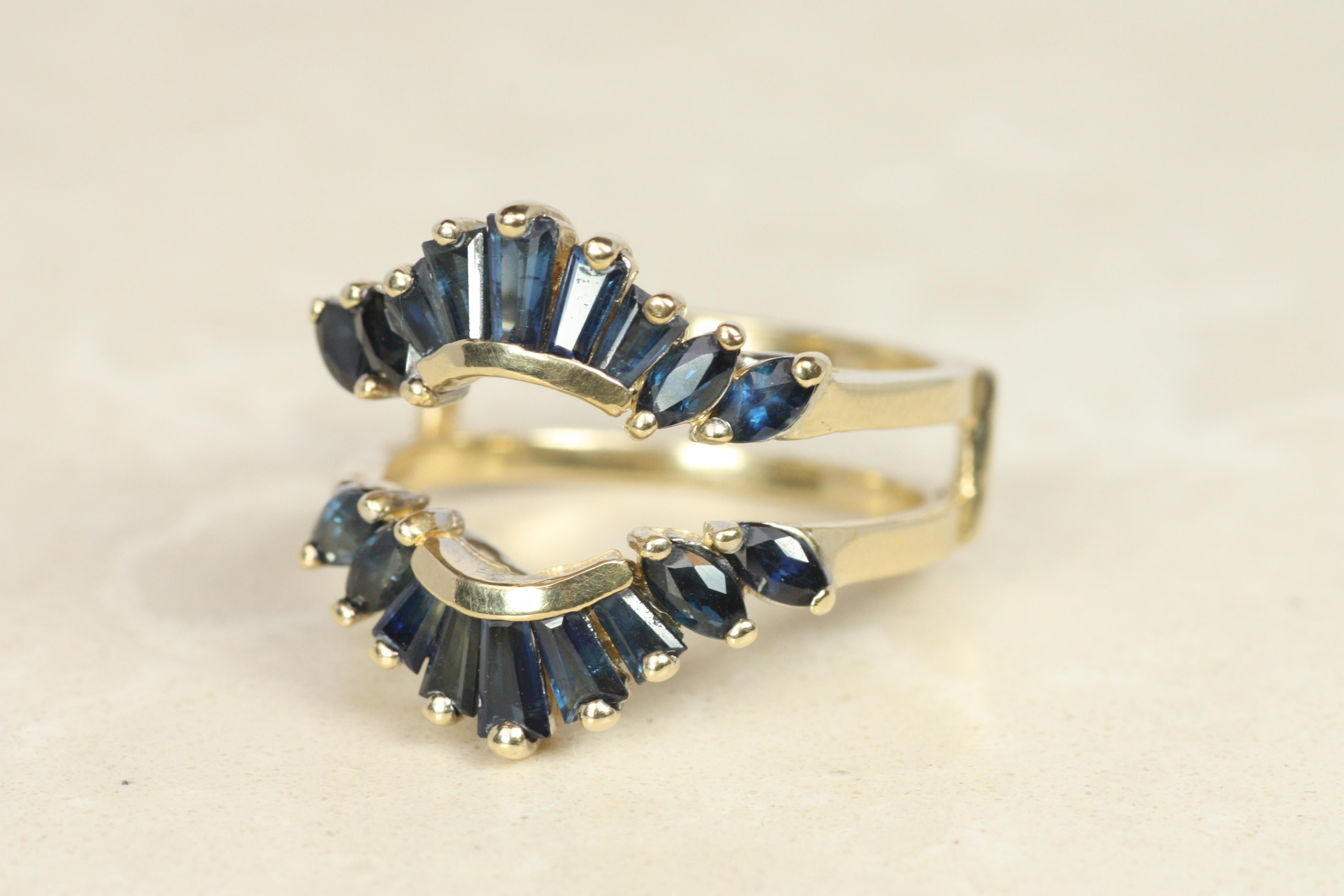 Baguette & Marquise saphir bleu bague de mariage en or jaune 14K en vente 1