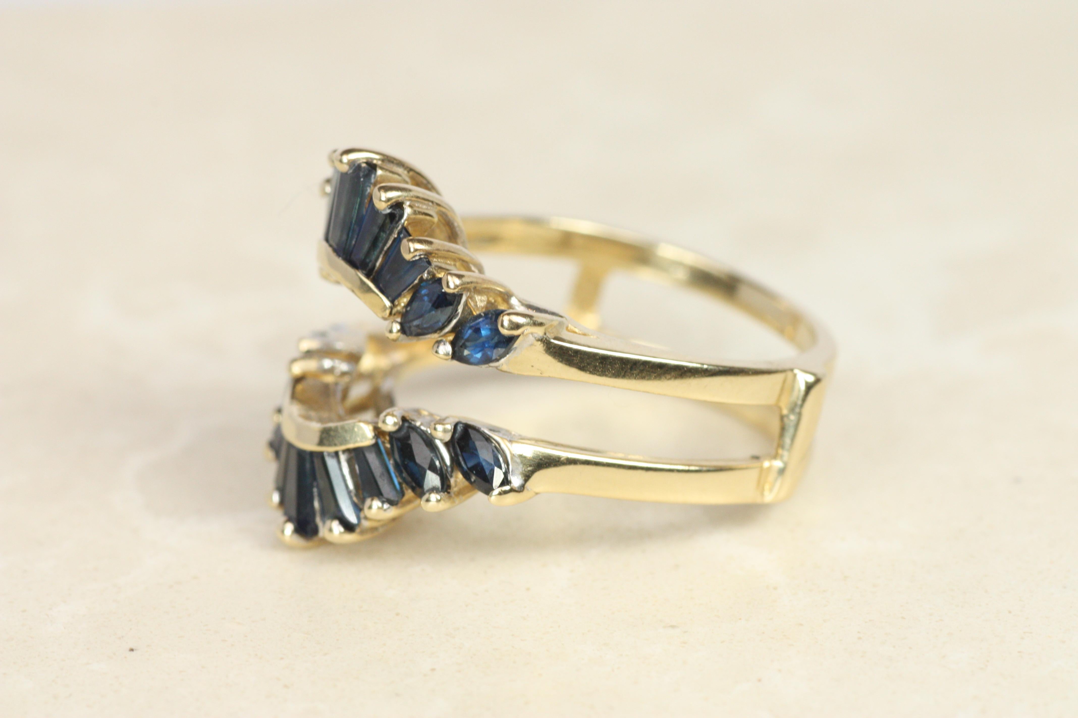 Baguette & Marquise saphir bleu bague de mariage en or jaune 14K en vente 2