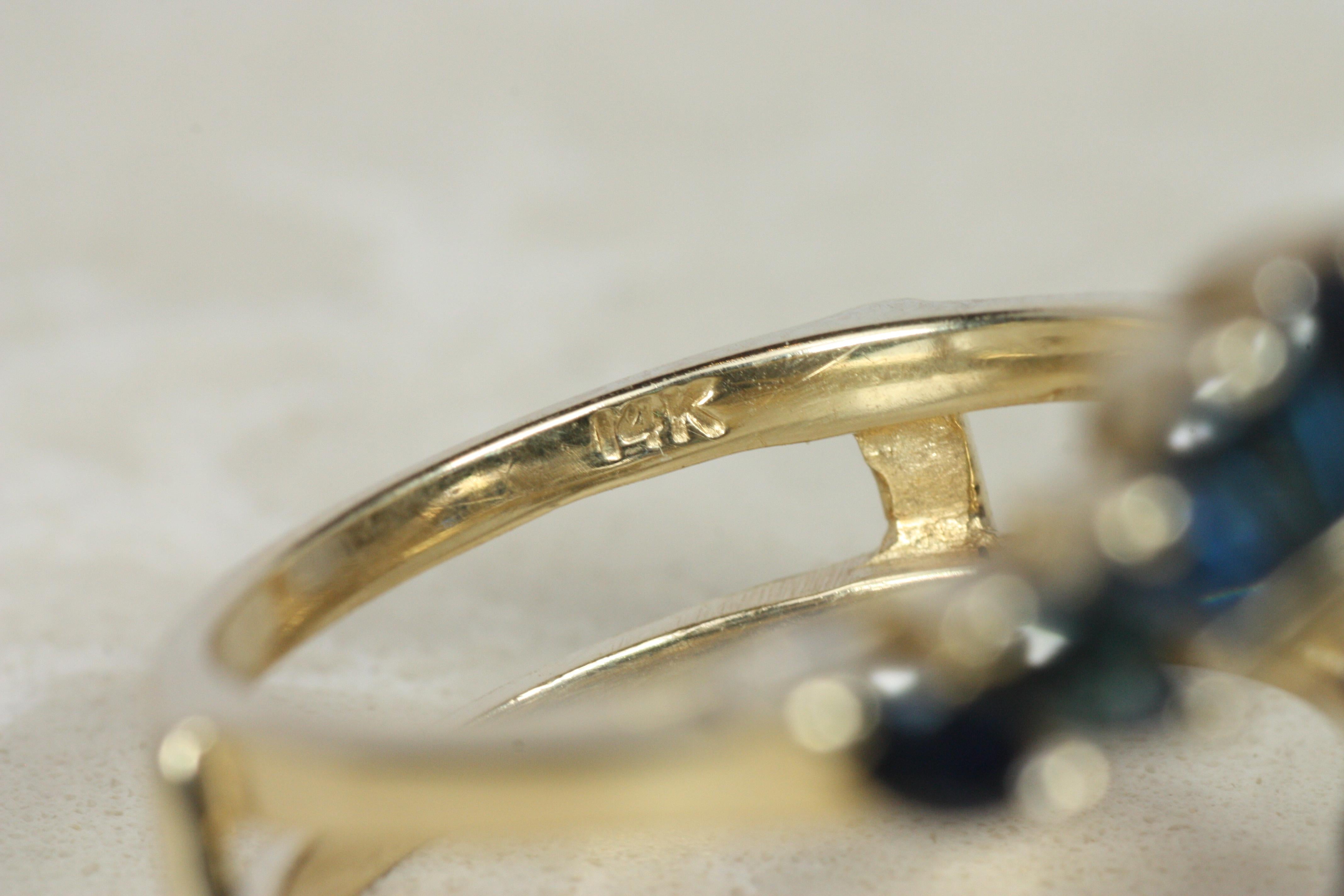 Baguette & Marquise saphir bleu bague de mariage en or jaune 14K en vente 4