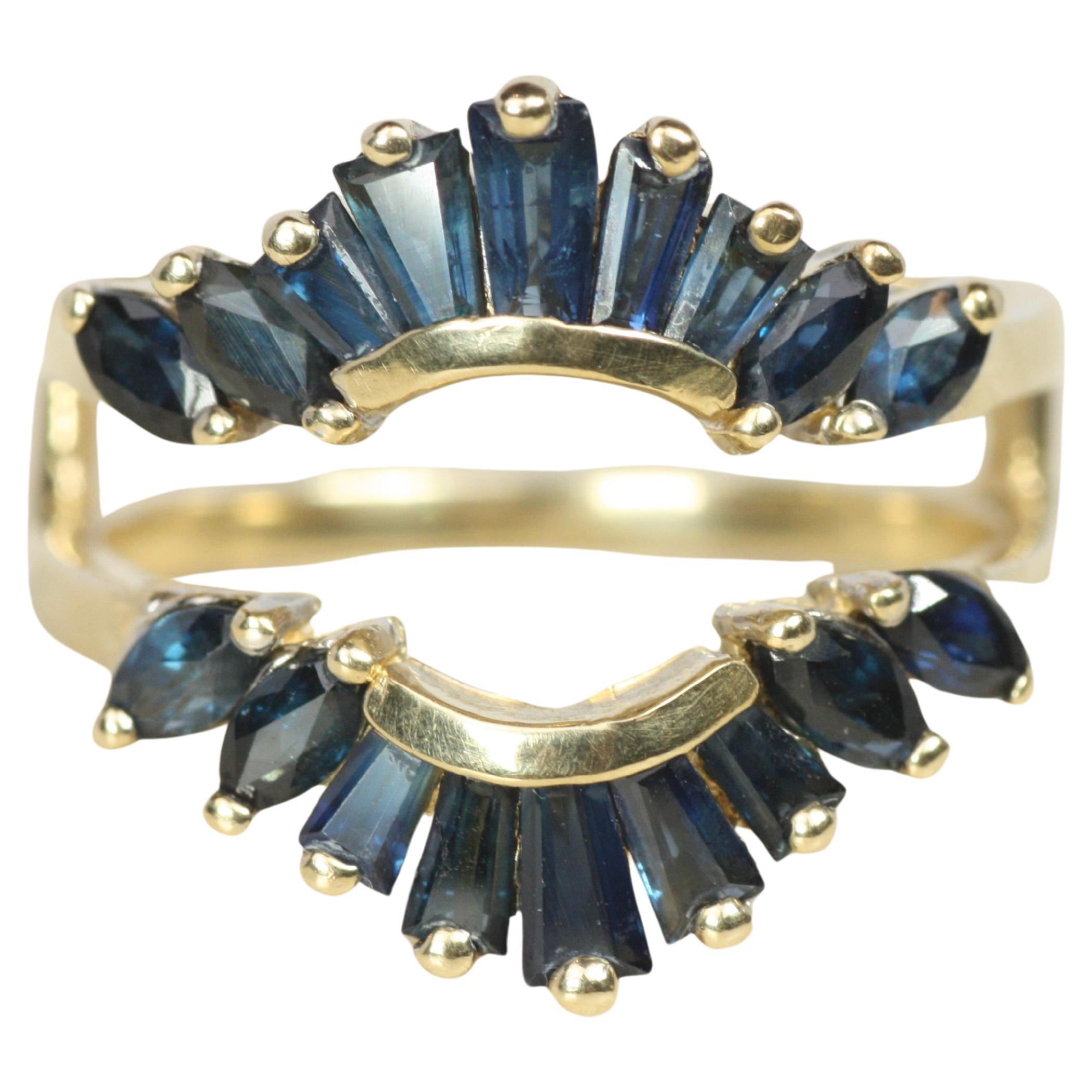 Baguette & Marquise saphir bleu bague de mariage en or jaune 14K en vente