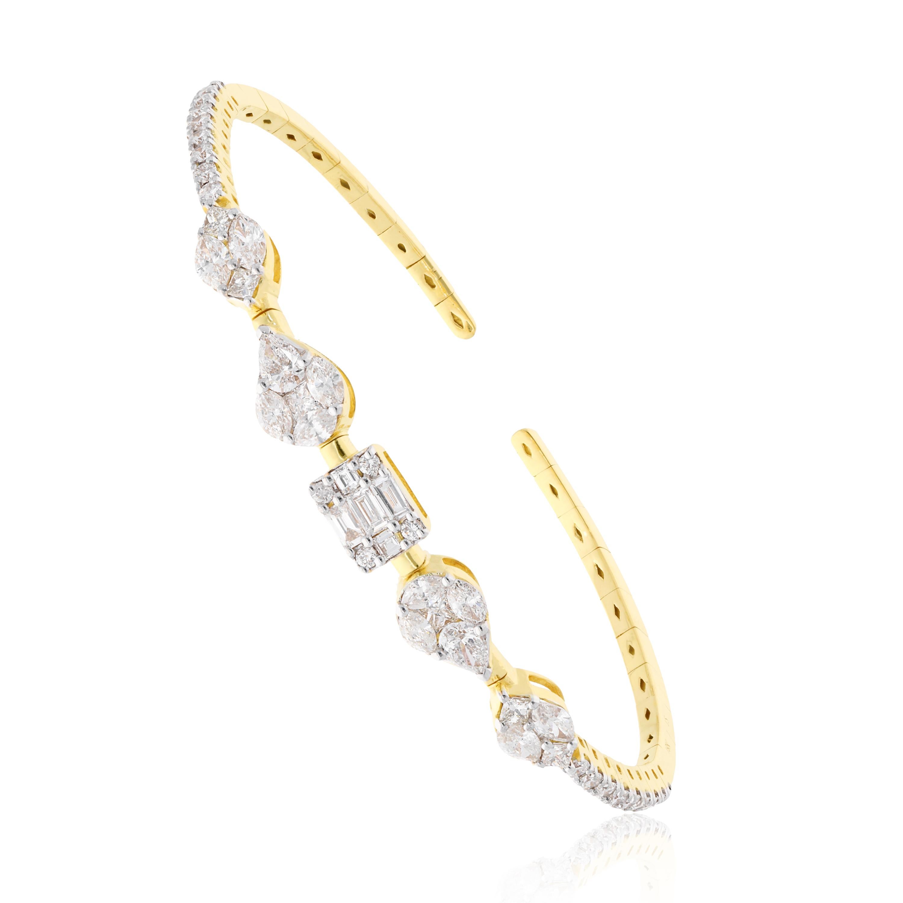 Baguette Cut Baguette Marquise Diamond Cuff Bangle Bracelet 18 Karat Yellow Gold Fine Jewelry For Sale