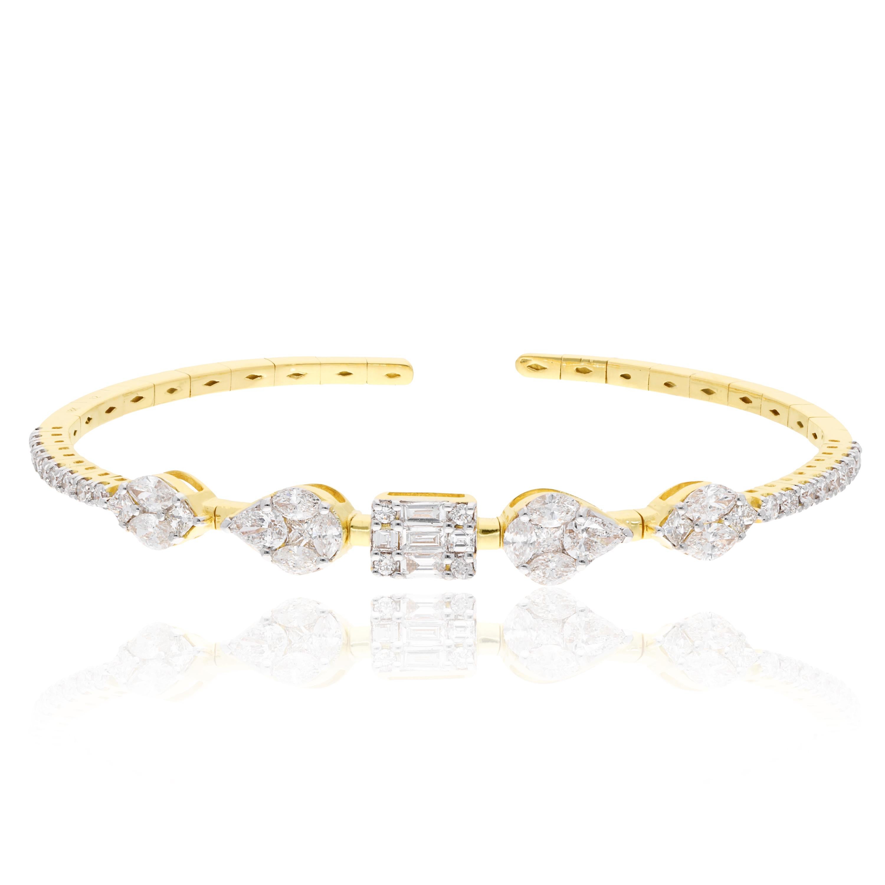 Women's Baguette Marquise Diamond Cuff Bangle Bracelet 18 Karat Yellow Gold Fine Jewelry For Sale
