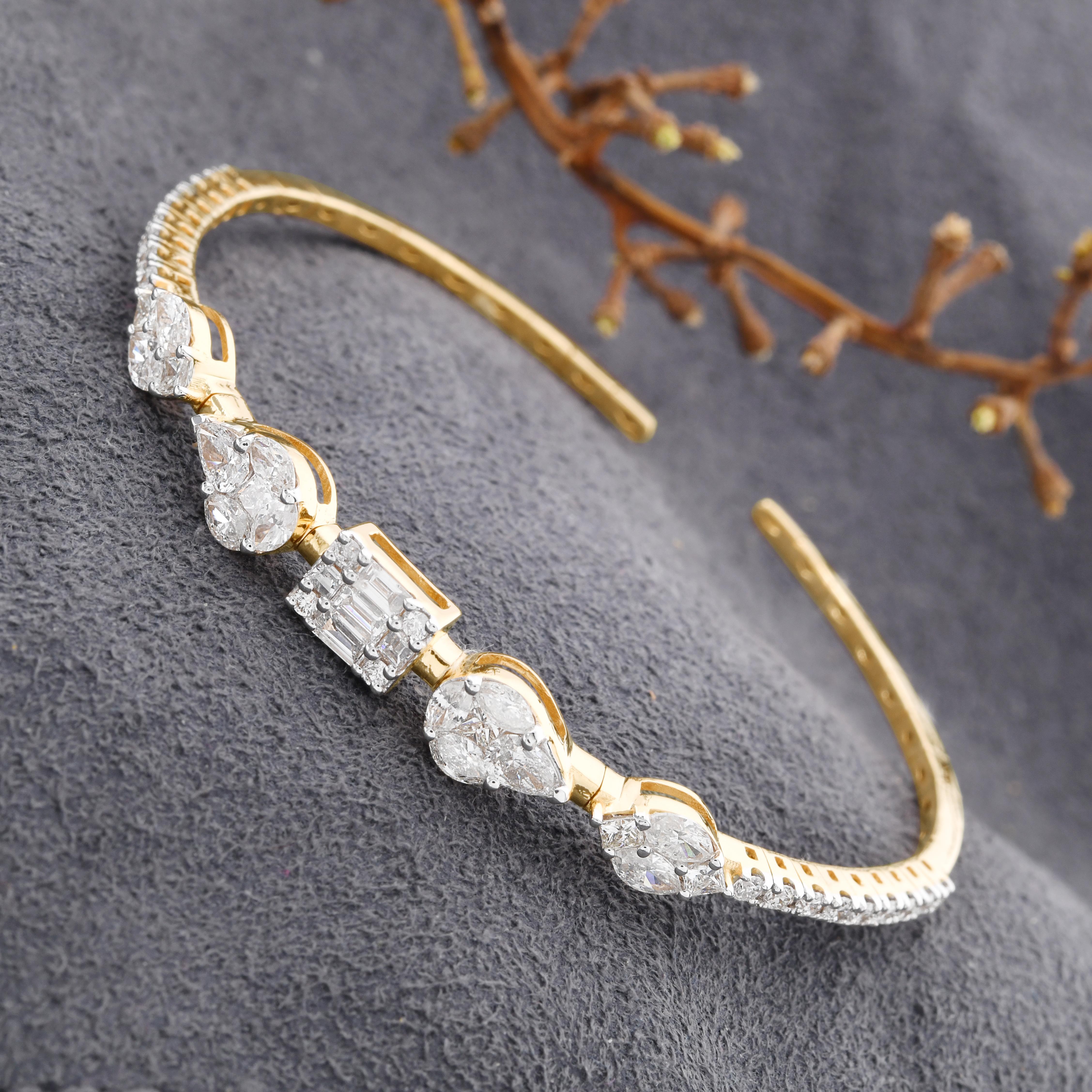 Baguette Marquise Diamond Cuff Bangle Bracelet 18 Karat Yellow Gold Fine Jewelry For Sale 1