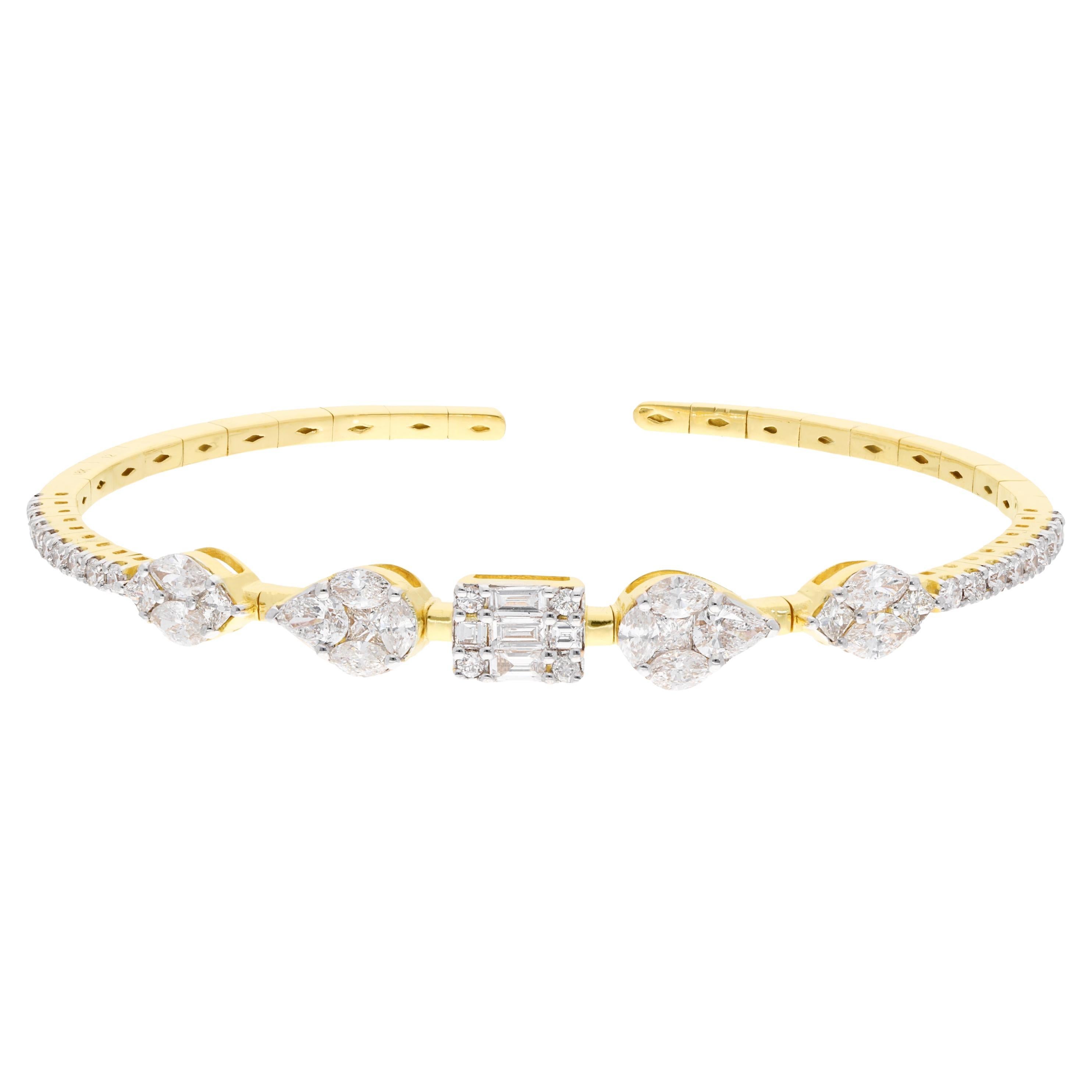 Bracelet manchette en or jaune 18 carats avec diamants taille baguette et marquise, bijouterie fine