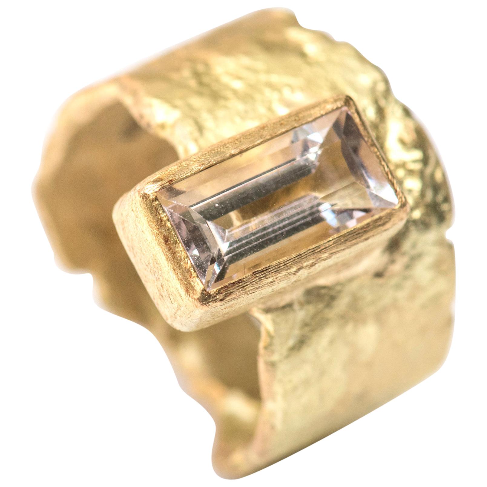 Baguette Morganite Wide Textured 18 Karat Gold Handmade Ring For Sale