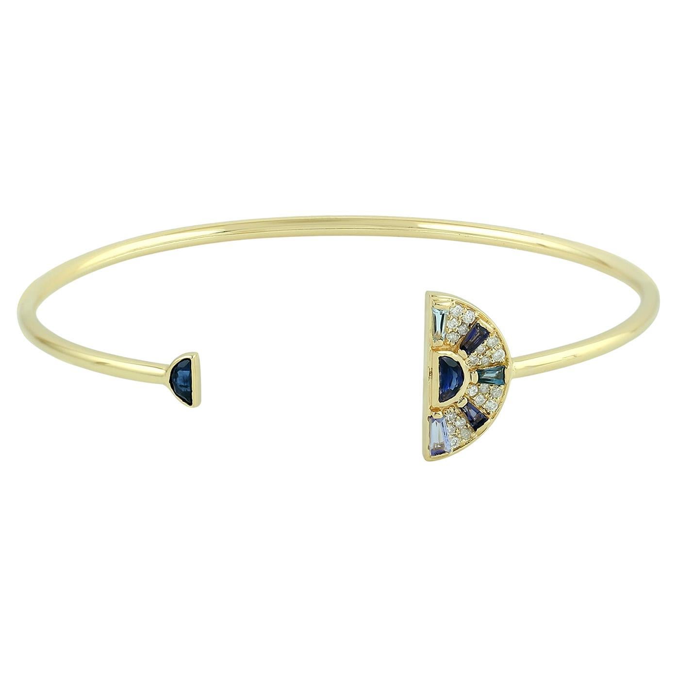 Baguette Multi Gemstone Bangle With Pave Diamonds Made In 18k yellow Gold For Sale